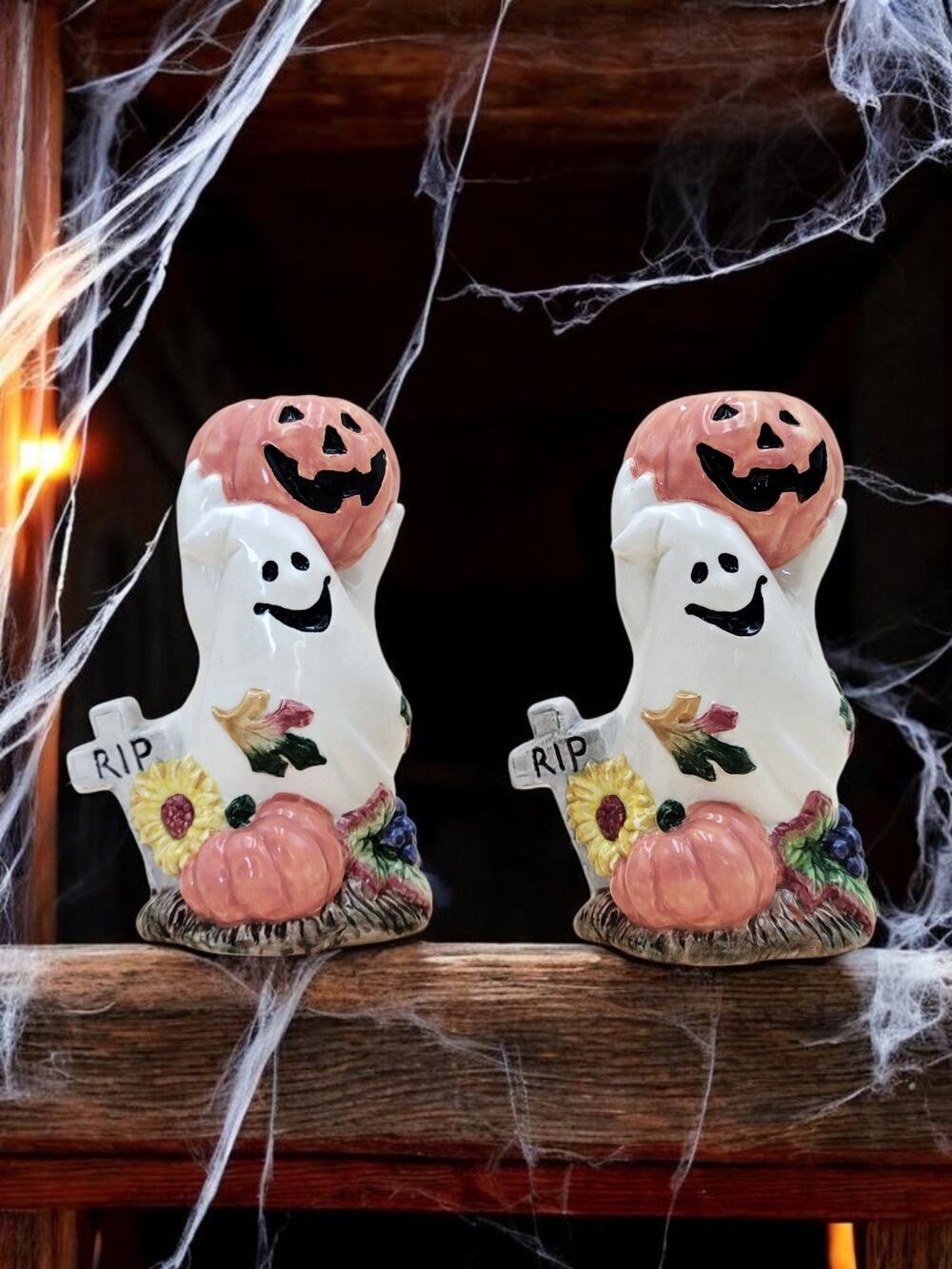 Vintage 1995 Fitz & Floyd GHOST/PUMPKINS Halloween Candle Holder Set Of 2